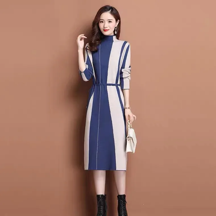 

Chic Long Knit patchwork Women dot printed Sweater Dress Thick Warm Winter Dress Female Rib Turtleneck A Line Dress Office Lady