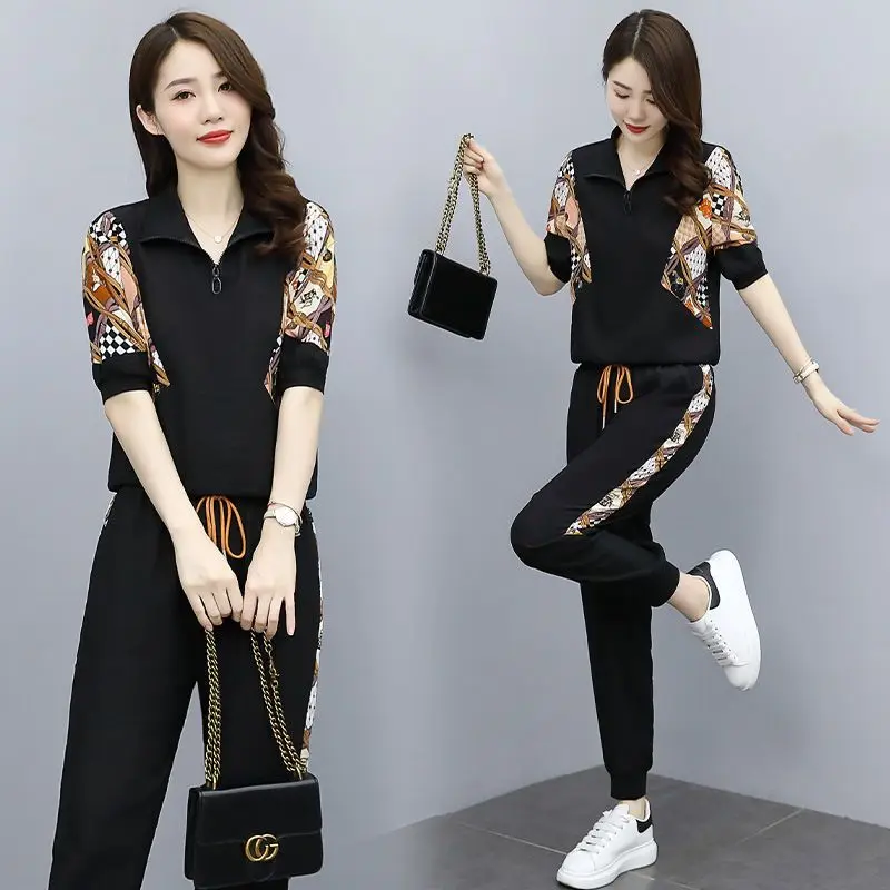 Leisure Set Large Women's 2024 Summer New Western Loose Fit Sports Fashion Short Sleeve Women's Two Piece Set Sweatsuits