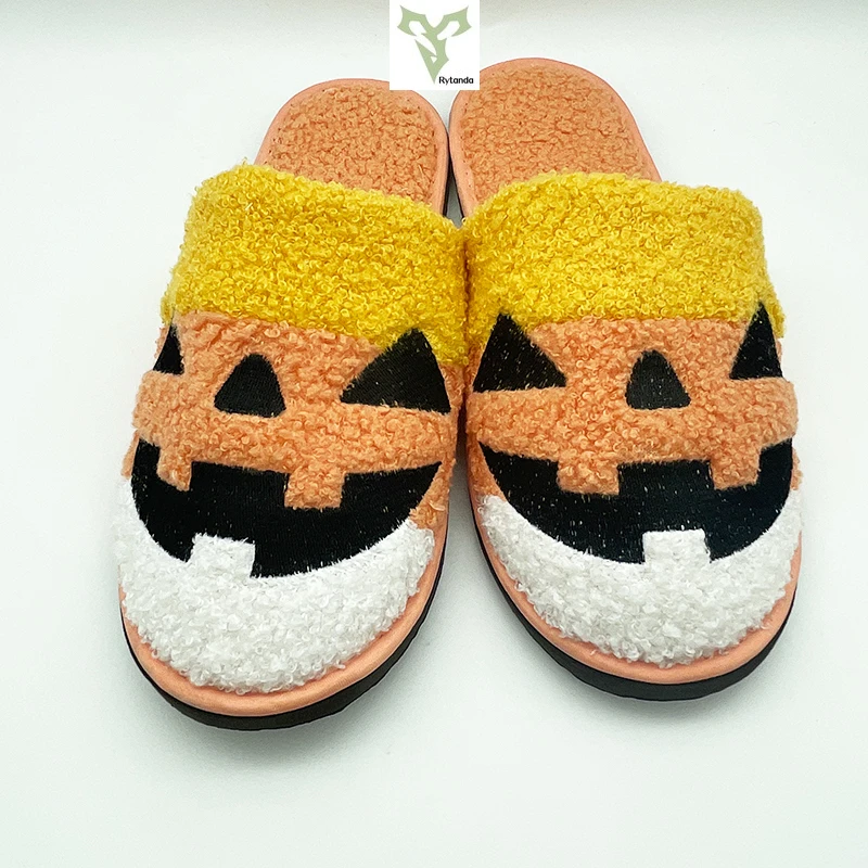 Rytanda Halloween Pumpkin Plush Slippers Funny Candy Corn Lantern Slippers Winter Autumn Warm House Cozy Cute Shoes Men Women