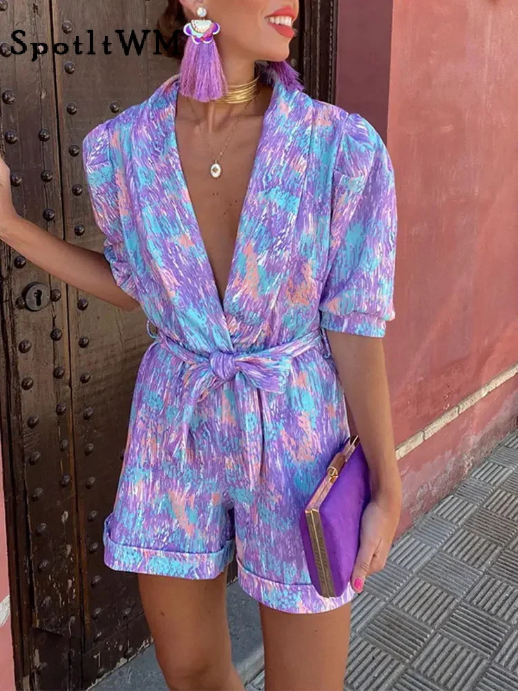 

Fashion Tie-dye Printed Lace Up Jumpsuits Women Casual V-neck Short Sleeve Bodysuits 2024 Chic Office Lady Vacation Streetwear