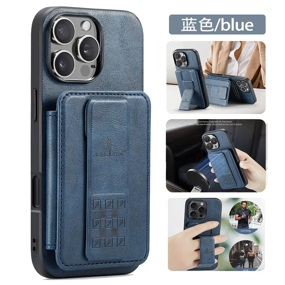 Leather Wallet Card Holder Case with Foldable Hand Band & Magnetic Ring Stand