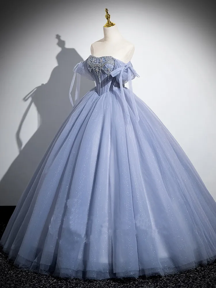 Blue Quinceanera Dresses Short Sleeve Beading Banquet Dress Prom Ball Gown Vestidos De 15 Quincea&ntilde;era Customized