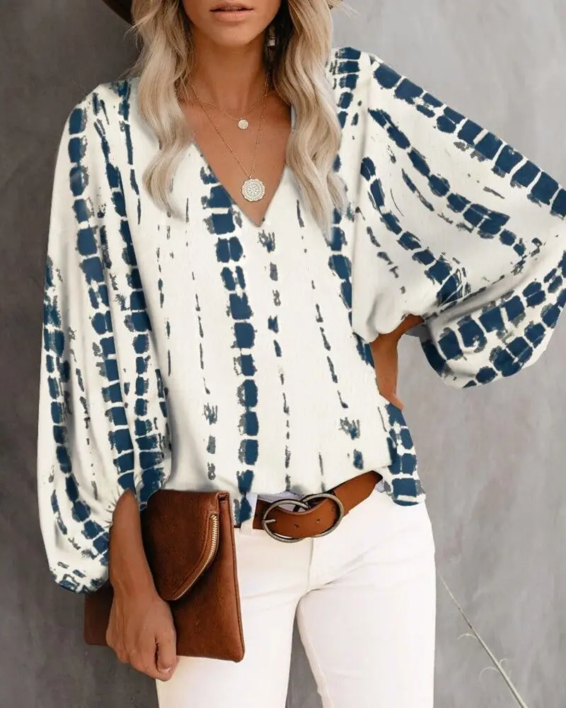 Frauen V-ausschnitt Tie Dye Leopard Print Bluse Shirts Casual Langarm Lose Pullover Bluse Tops BNS-H6651_voghion.com