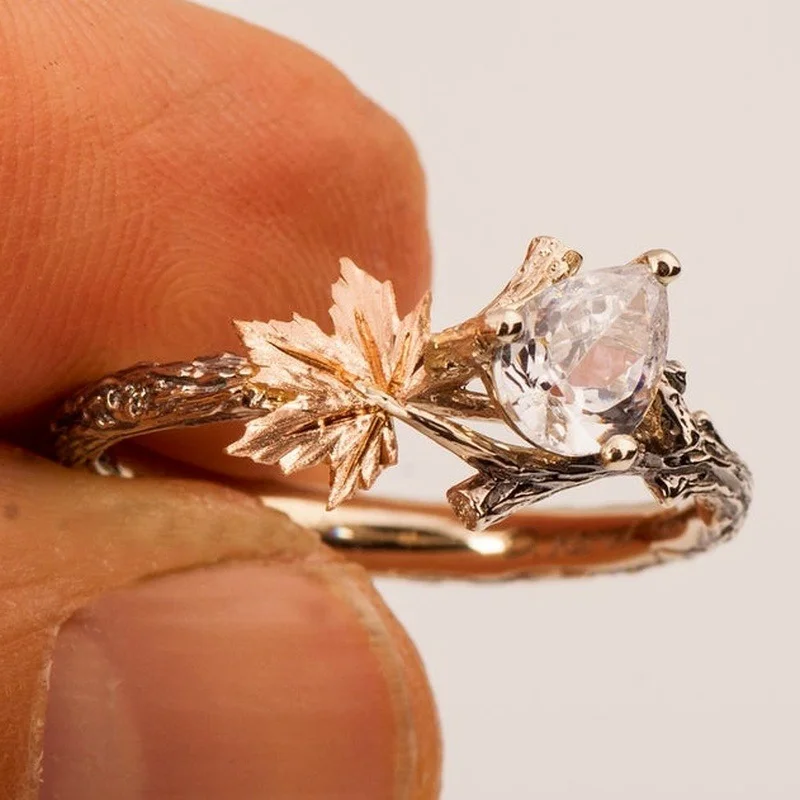 Twig and Leaf Engagement Ring, Gemstone Engagement Ring, Maple Leaf Ring