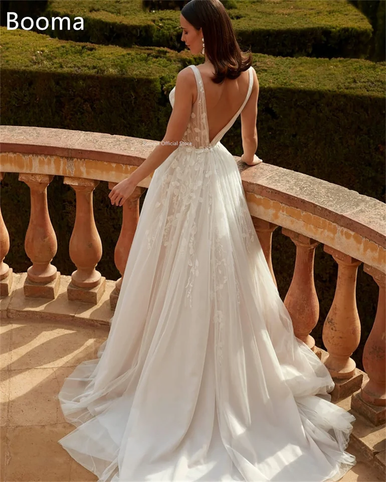 Booma A-Line Elegant Wedding Dresses Long Lace Appliques V-Neck Sleeveless  Lace Satin Simple Brides Gown Custom Made 2025 - AliExpress 320