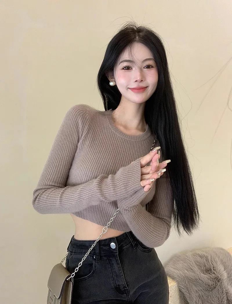 Women Knitted Cropped Sweater Autumn Long Sleeve Pullover