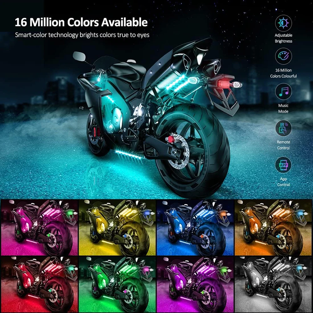 12pcs Motorcycle underglow LED Light Kit, RGB Motorcycle LED Interior Strip Lights with Music Mode, Multicolor Brake Light Funct