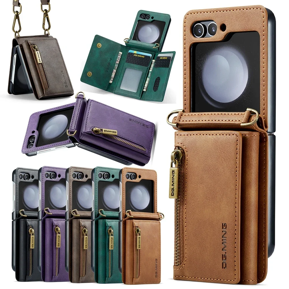 Crossbody Leather Wallet Case with Card Slot and Zipper Lanyard