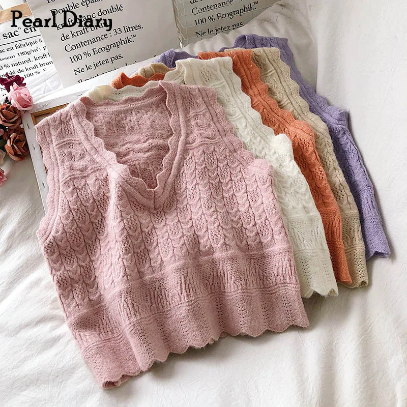 

Liba Sin Women Knitted Sweater Vest Spring Autumn Scalloped Edge V Neck Pullover Solid Color Sweet Style Going Out Girl Vest