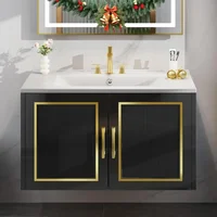 30" Bathroom Vanity with Ceramic Sink, Floating Vanity with Cabinet,with Soft Closing Doors & Gold Metal Handle, Black 1