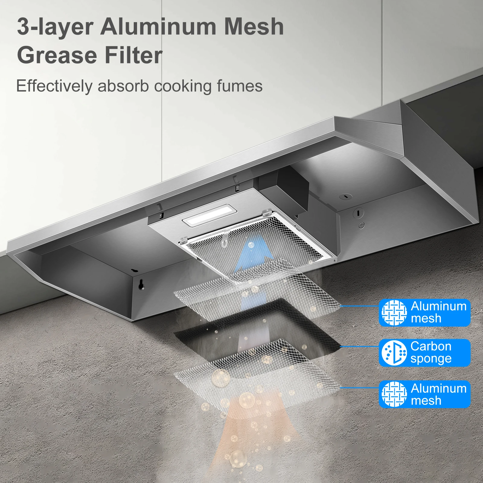 24 Inch Under Cabinet Kitchen Stainless Top Rear Exhaust Vent 2 Speed with LED Bulb Filter Range Hood 2