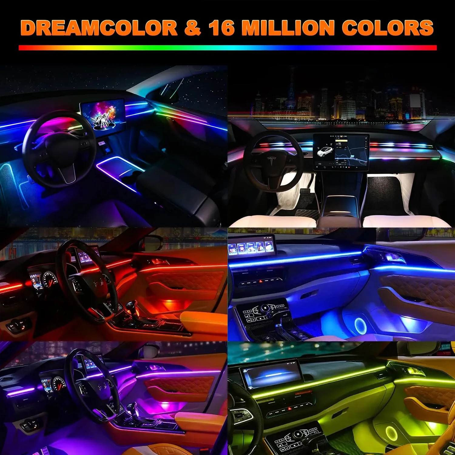 자동차 주변 아크릴 램프 스트립, 다채로운 64 RGB LED, 자동차 인테리어 액세서리, 앱 리모컨 분위기 조명, 22in 1