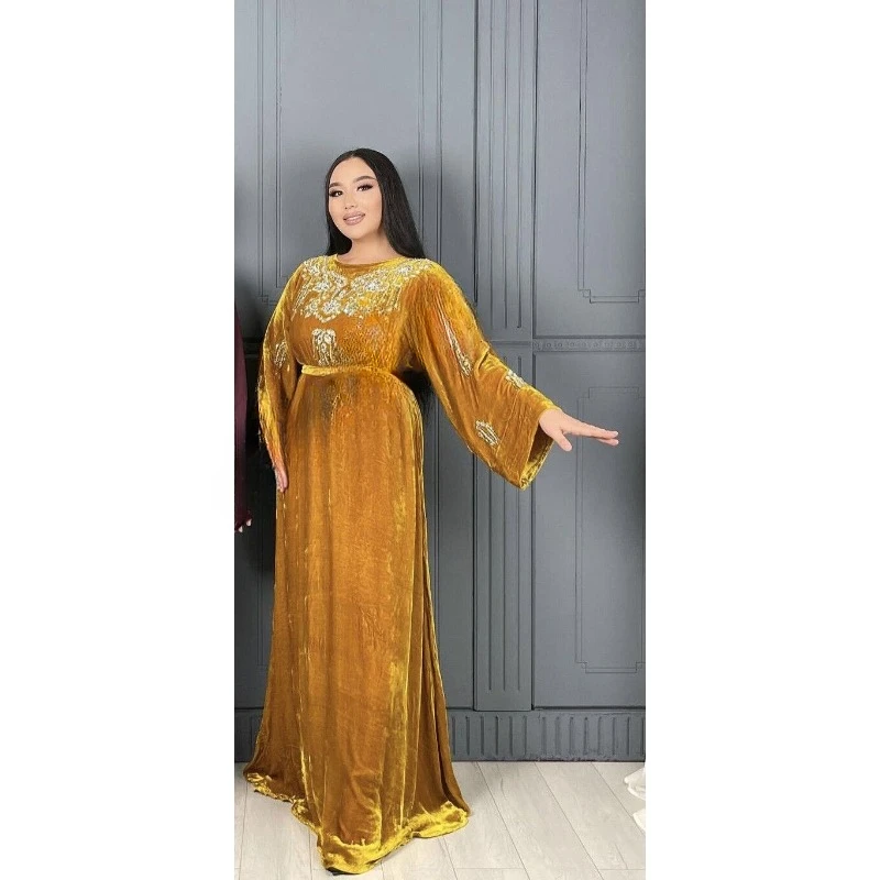 Yellow Velvet Logo Dubai Kaftan Abaya Wedding Dress Very Fancy Long Dress