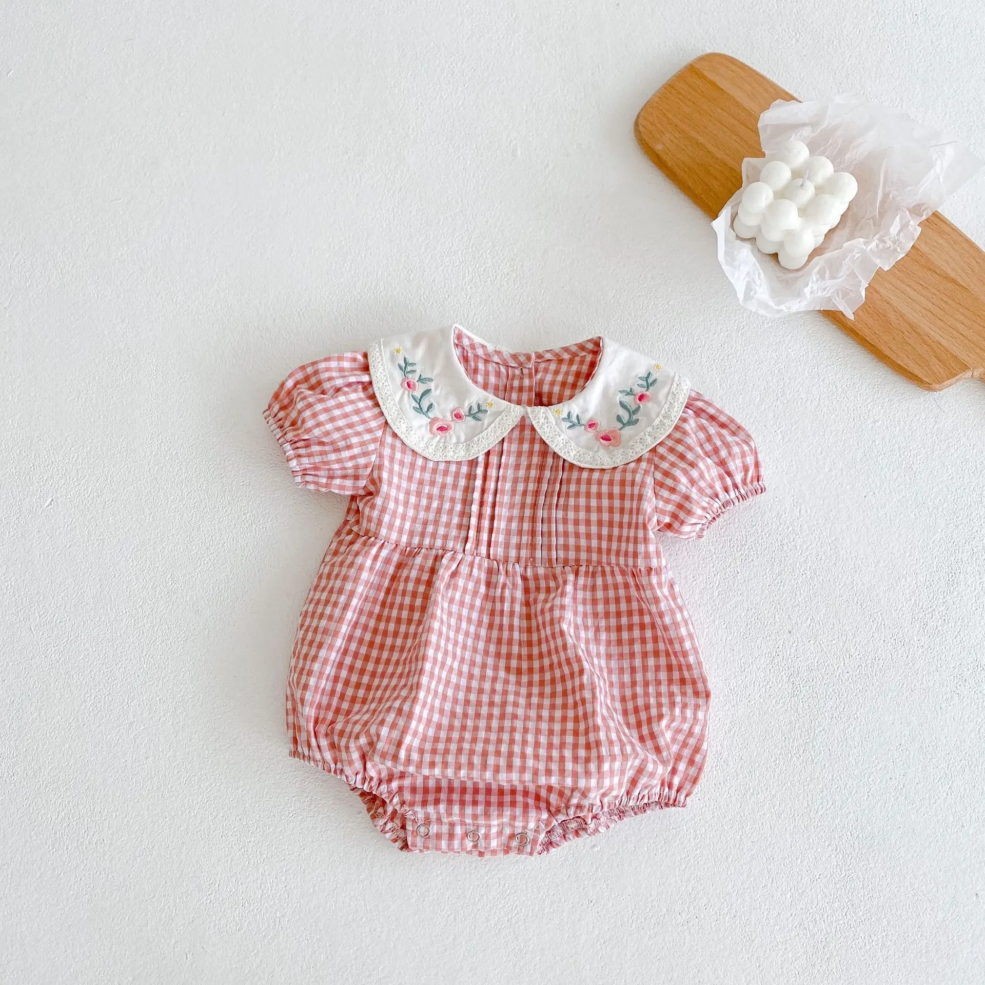 

1795A Korean Girl's Clothes Embroidery Collar Bodysuit Summer Newborn Girl Children's Short Sleeve Girl's Climbing Clothes