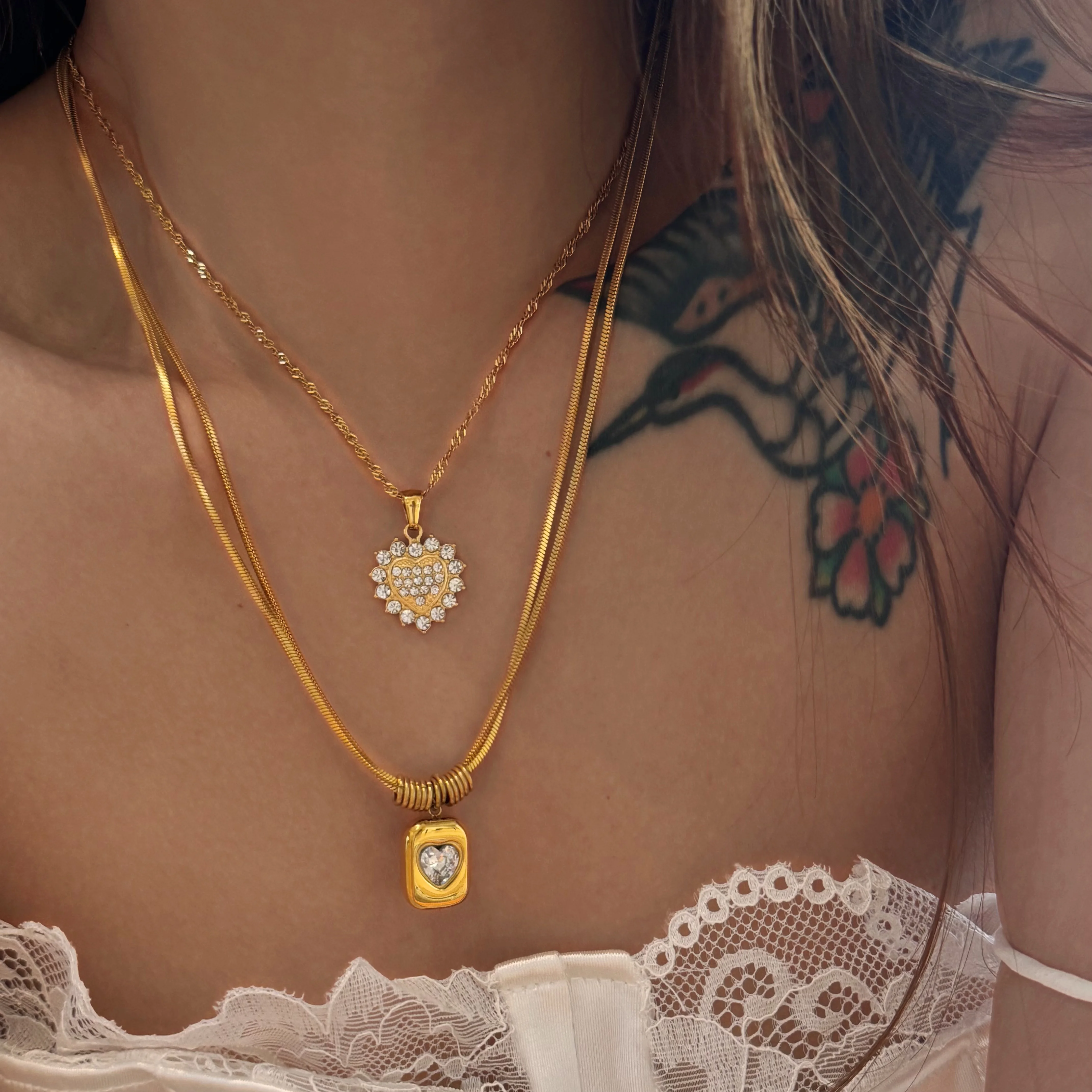 DASEIN 18k Gold Plated Vintage Square Love Heart Zircon Double Layer  Necklace Tarnish Free Stainless Steel Court Lady Jewelry - AliExpress