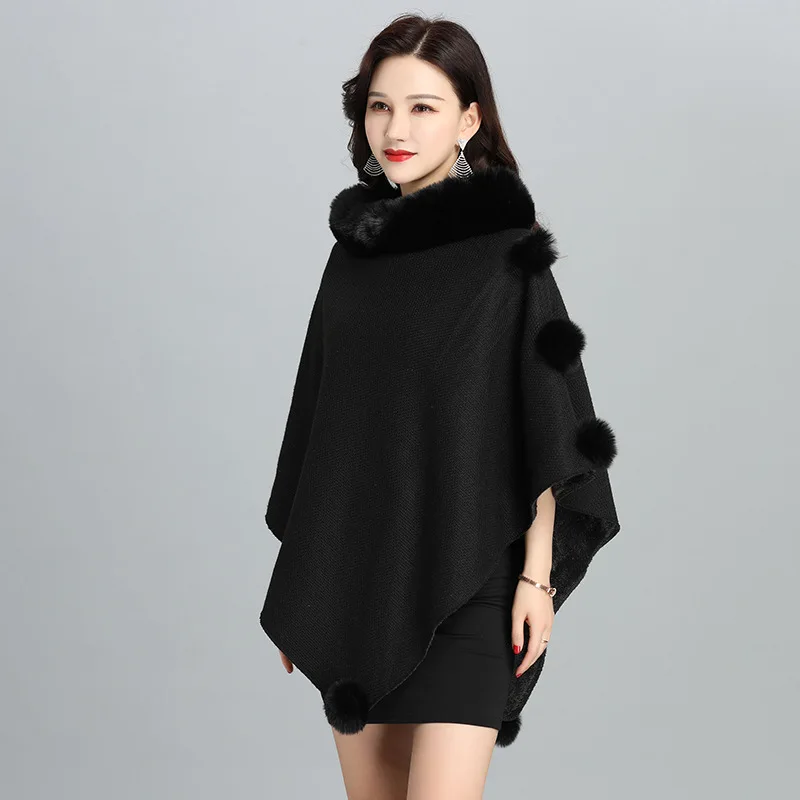 

2022 New Imitation Fur European American Coat Women's Shawl Scarf Imitation Rex Rabbit Hair Cape Lady Cloak Poncho Black