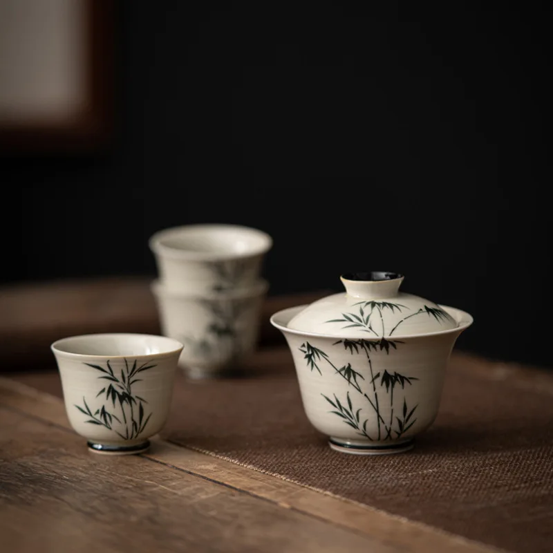 

Hand-painted Ink Bamboo Covered Bowl, Tea Cup, Grass and Wood Gray Underglaze Colored Covered Bowl, Ceramic Kung Fu Tea Set