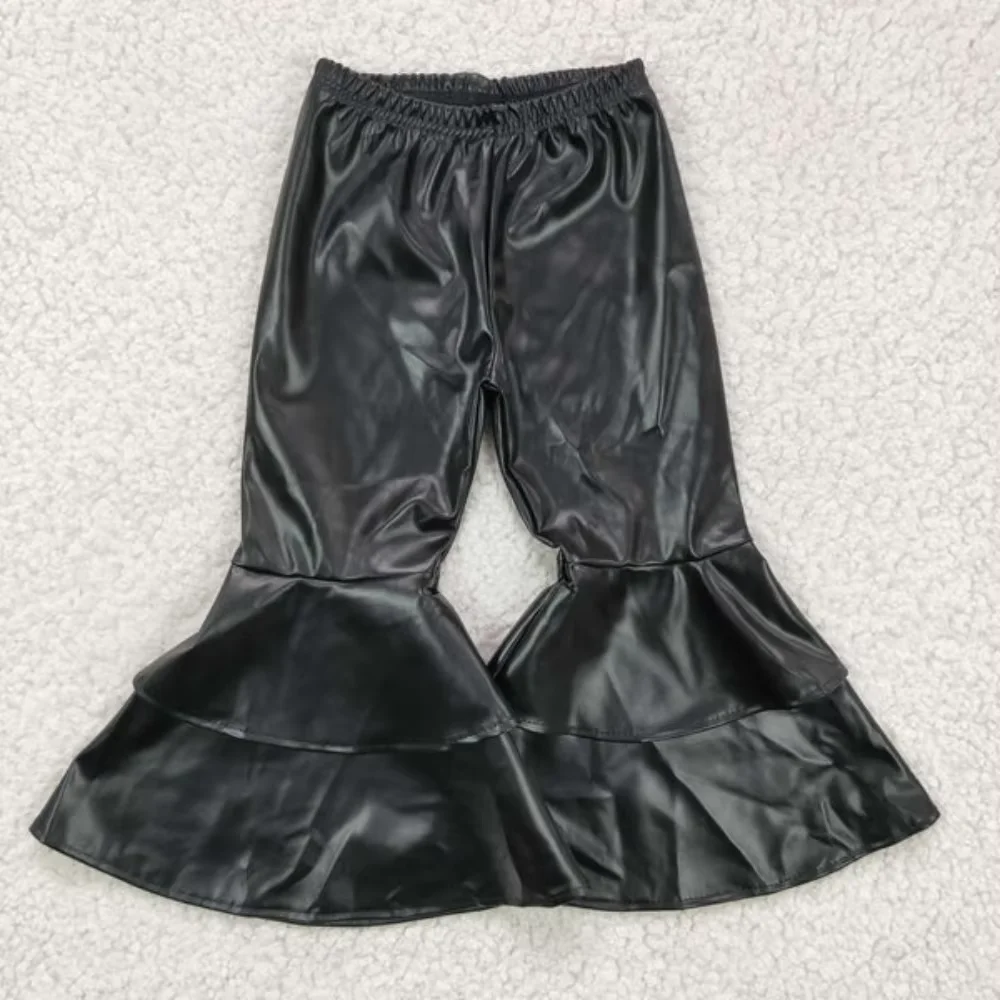 Black Premium Leather Bell Bottom Pants for Baby Girls, High