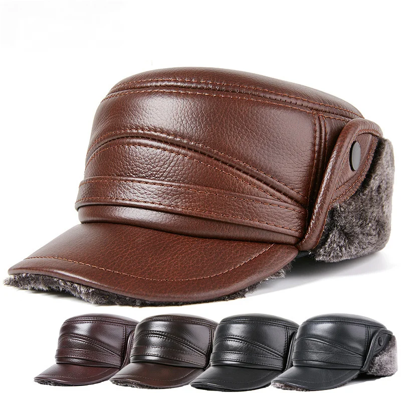 

Cowhide Genuine Leather Men Winter Cap Super Warm Fleece Windproof Hat Adjustable Military Cadet Army Flat Top Hat with Earflap