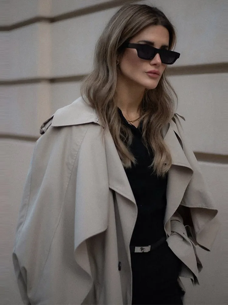 Trench lungo da donna elegante con cintura risvolto ampio doppio petto cappotti a maniche lunghe 2025 Autunno Lady Chic Commute Outwear 4