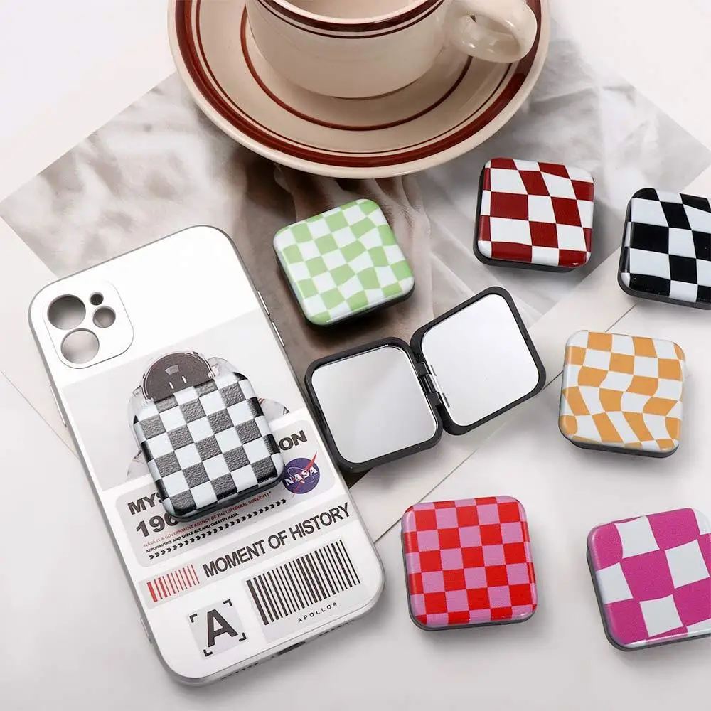 Compact Mirror Cellphone Finger Grip Gift for her Women Girls Cosmetic Mirror Phone Stand Holder Plaid Mirror Makeup Mirror