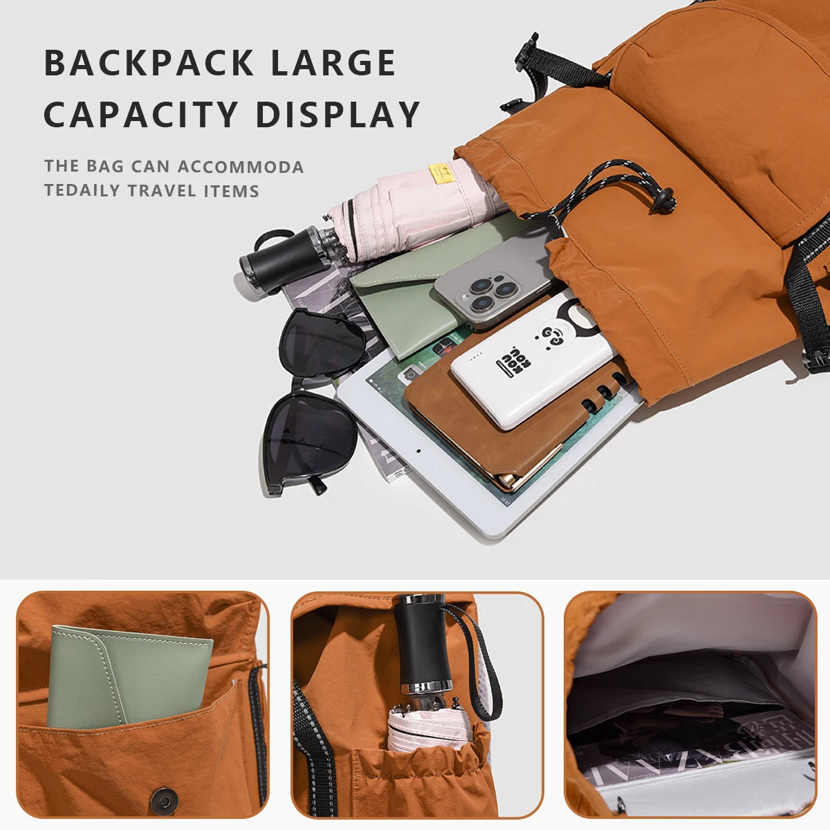 Designed Backpack, Large Capacity Drawstring, Washed Cloth, Multi-Functional Outing, Lightweight Work Clothing, High School Stud