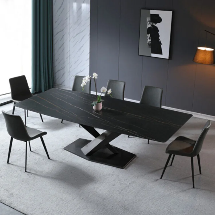 

Italian light luxury rock slab dining table modern simple rectangular Nordic dining chairs combination dining table