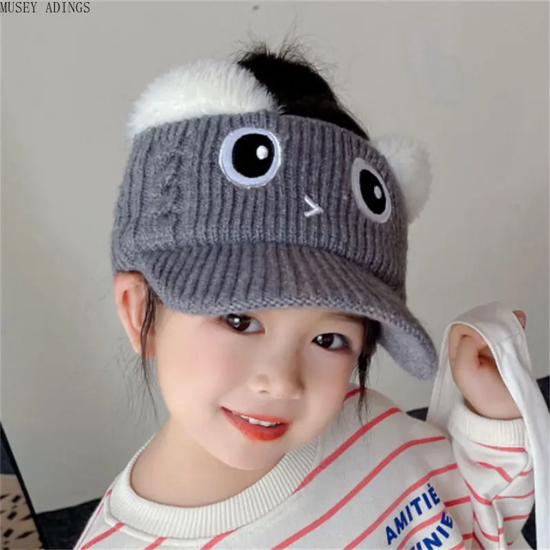 

Children Hat Girls Winter Knitted Empty Top Hat Cute Small Eyes Male Baby Thickened Warm Peaked Cap Sports and Leisure