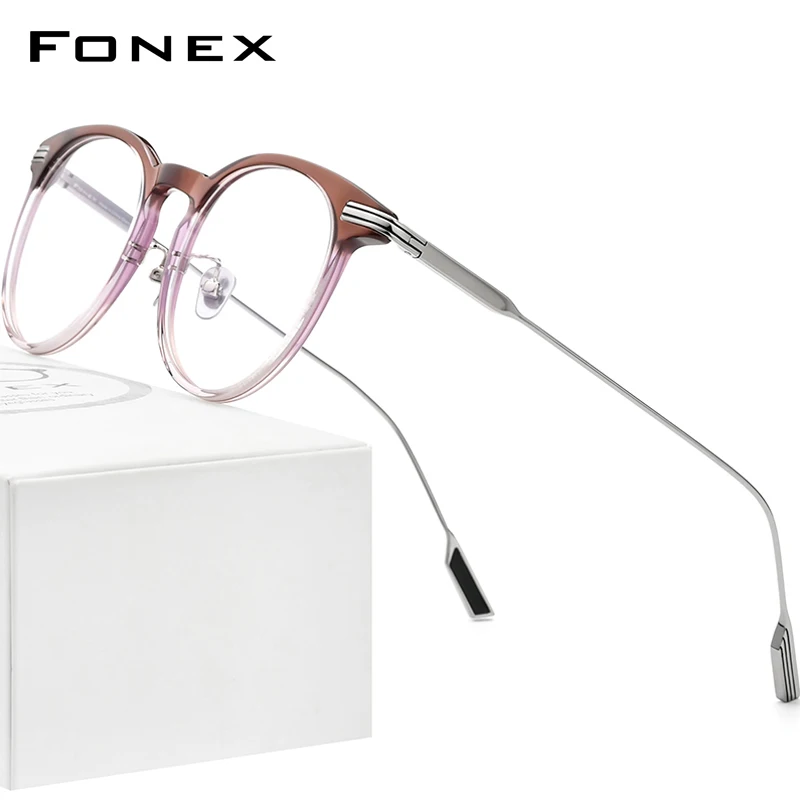 FONEX Acetate Titanium Glasses Frame Men 2024 Women Vintage Retro Round Eyeglasses Spectacle Eyewear F85682