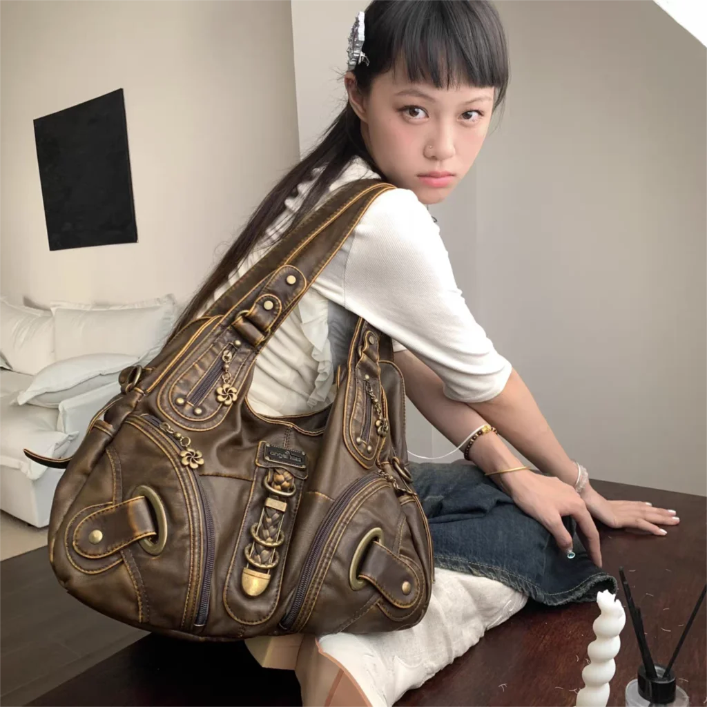 2025 New Vintage Brown Y2k Handbag Women Retro Subculture Leather