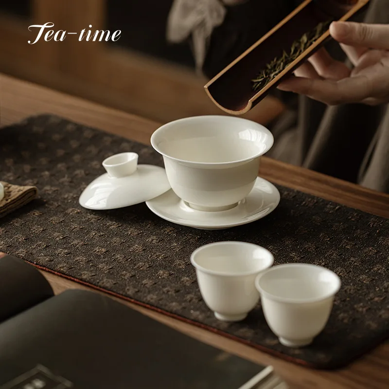 Sheep Fat Jade Gaiwan White Porcelain Sancai Large Handmade KungFu Tea Set Puer Chawan Tureen Supplies Gaiwan Bowls Tableware