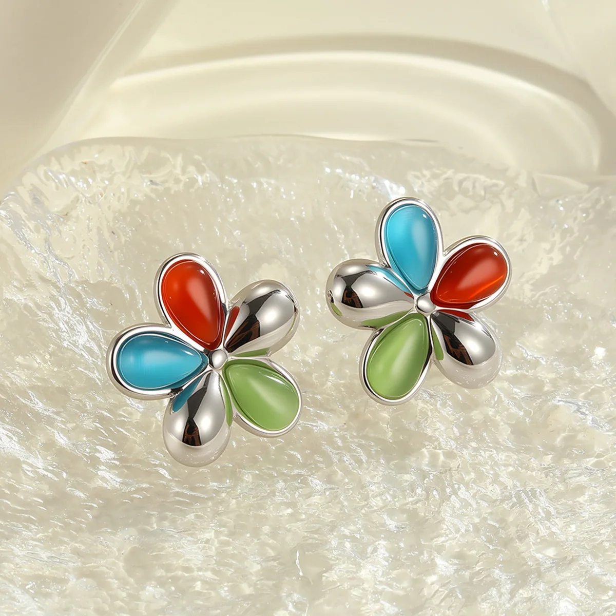 Trending Waterproof Multi-color Cats-eye Opal Ear Stud Cute Sweet Small Flower Earrings for Women Girls Stainless Steel Jewelry
