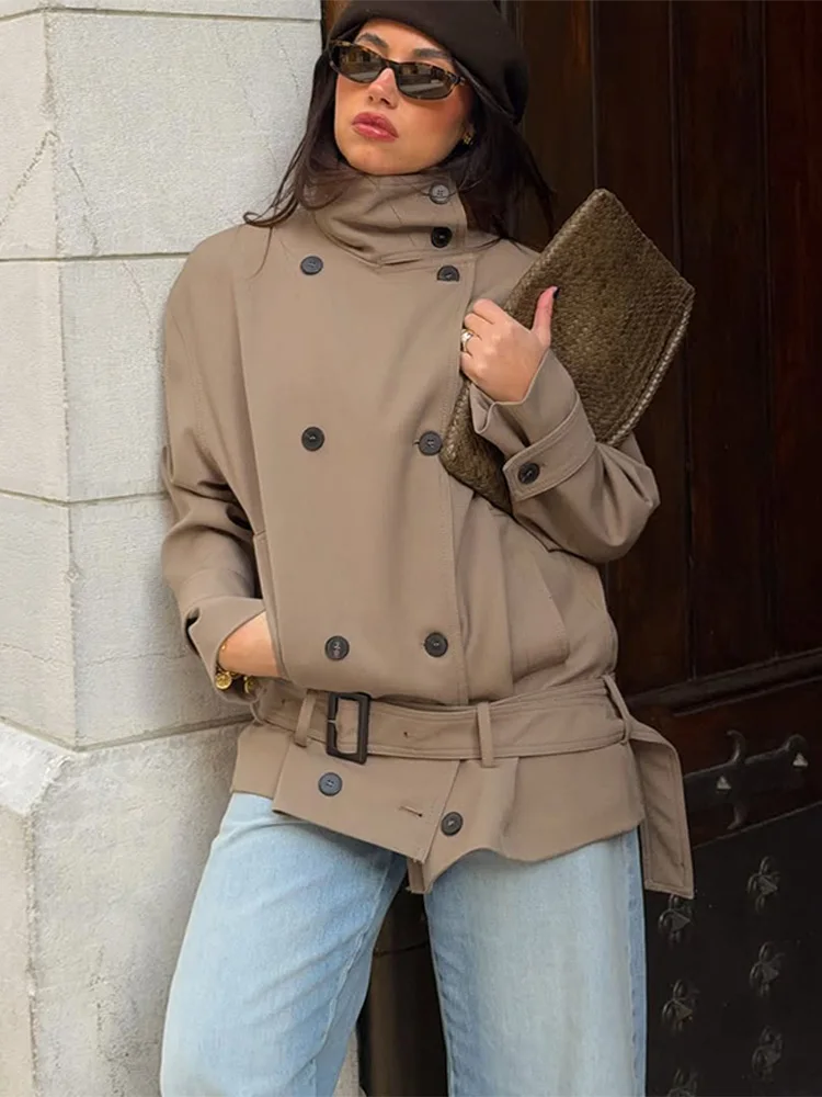 Frühjahrs-Stehkragen-Mantel mit Gürtel für Damen, Langarm-Jacke mit Seitenknopfleiste, Doppelreihig, Schlanker Schnitt, Schicke Damen-Oberbekleidung – Detail 14