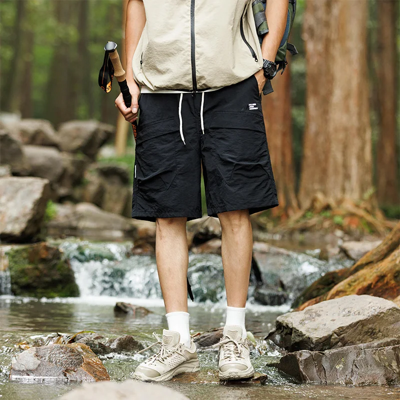 Summer Men's Clothing Bandage Solid Color Elastic High Waist Pockets Casual Loose Straight Knee Pants Preppy Style Shorts