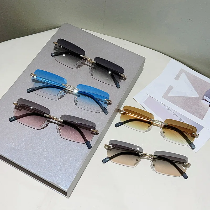 Designer Sunglasses Fashion Rimless Rectangle Sunglasses Metal Frame Sunglasses Anti-Reflective Square Sun Glasses For Driving