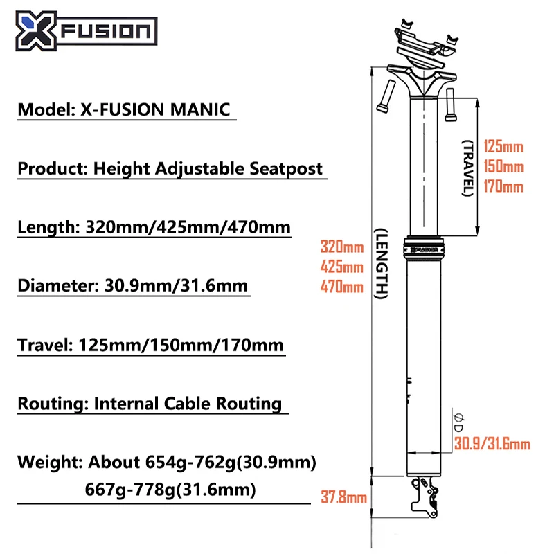 Tige De Selle Télescopique (dropper Post) TRIFOX - 30,9 Ou 31,6 Mm, 440 Mm, Aluminium 7075 - Neuf