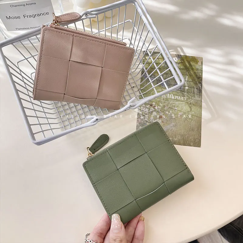 

Women's Splicing Woven Wallet Luxury PU Leather Business Multi Credit Cards Holder Gift Bifold Coin Purse Money Zipper Bag