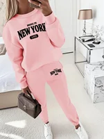 New York Print Two piece Set Casual Kangaroo Women's Casual Fashion Round Neck Sweatshirt, Solid Color Long Sleeves Sweatshirt, - Image 3