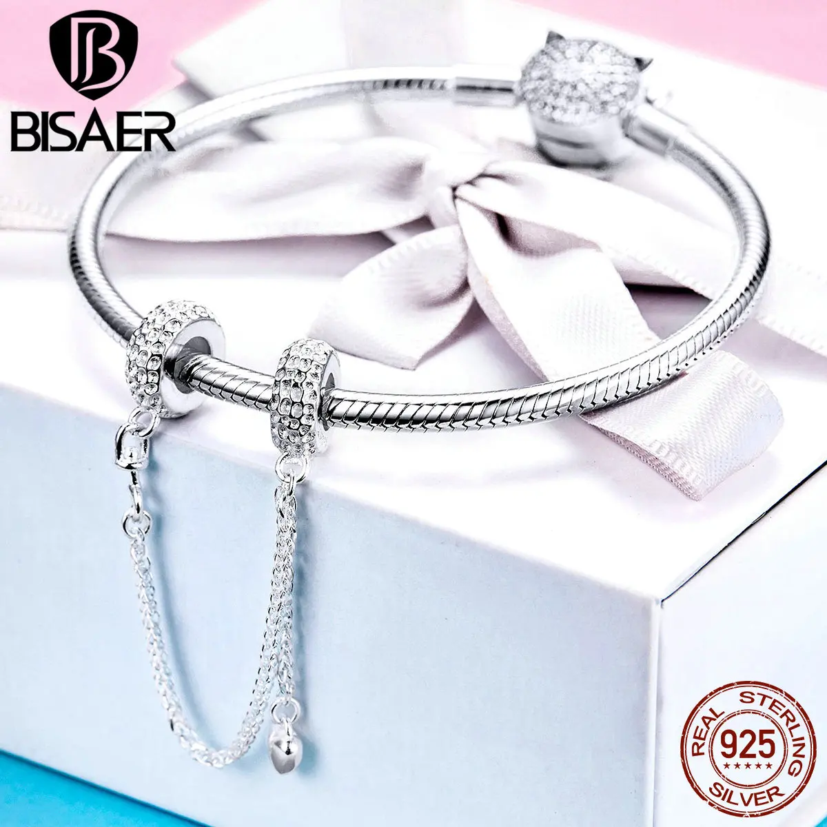 BISAER 925 Sterling Silver Pave Inspiration Star Safety Chain Clear