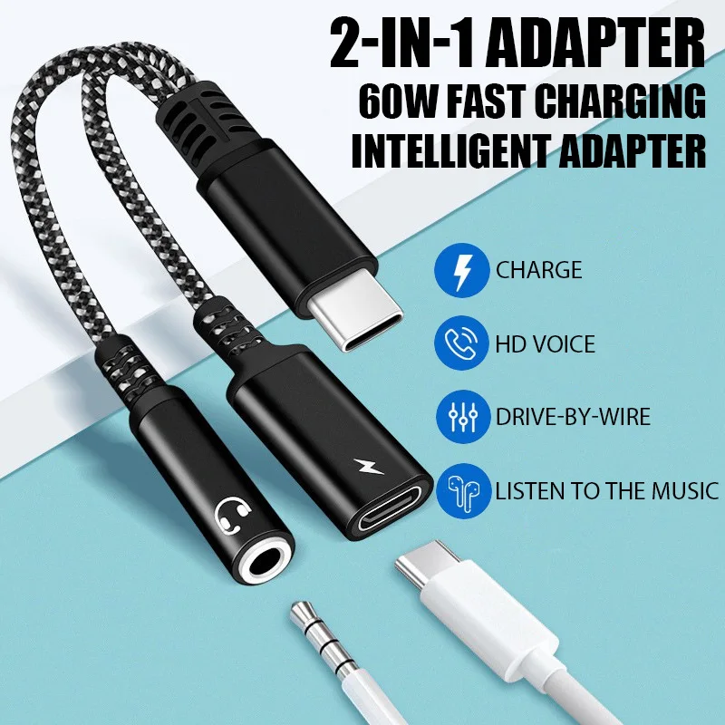 2 in 1 OTG Elbow Type USB C to 3.5mm Jack AUX Audio Headphone Adapter 60W Fast Charging For Samsung iPhone 16 Pro Huawei Xiaomi