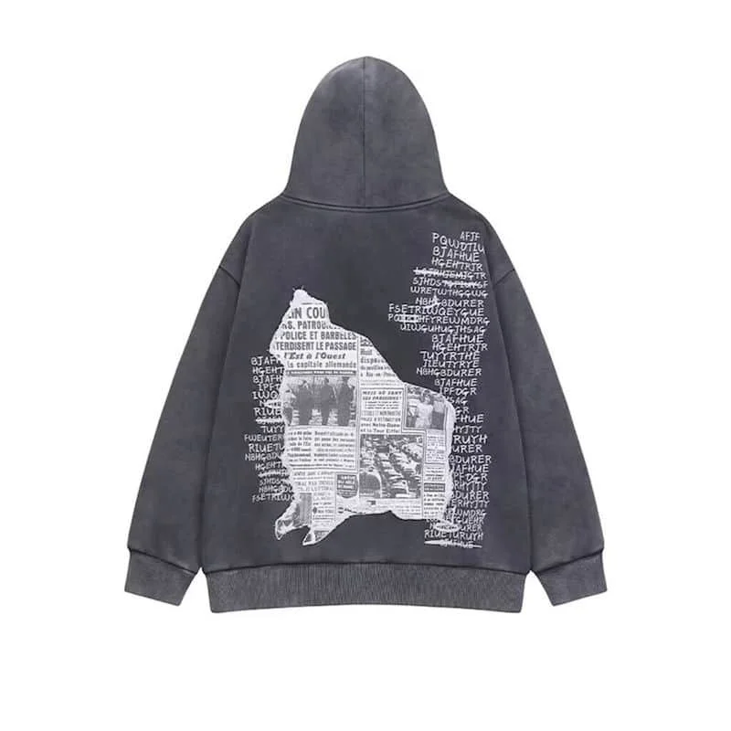 Oversized Hoodies Women Washed Old Newspaper Patchwork