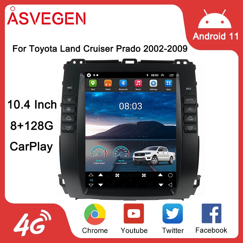 

Автомобильная аудиосистема 10,4 "для Toyota Land Cruiser Prado 120 Lexus GX470 2002 - 2009 Tesla Android 11, мультимедийное радио, GPS-плеер