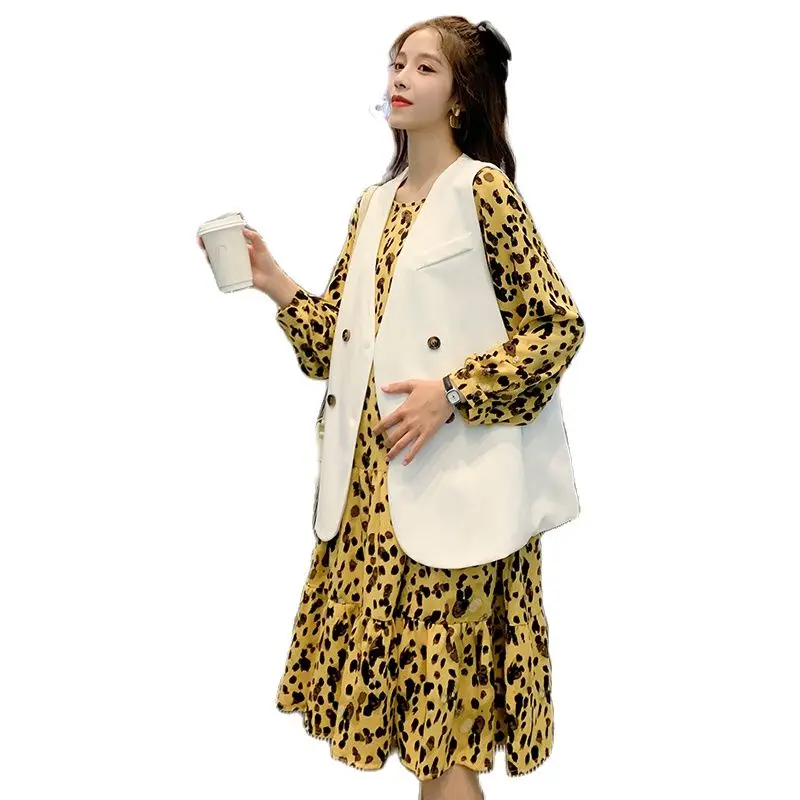 

Fashion Maternity Dress Suits Yellow Leopard Printed Dress White Vest Jacket Twinset Plus Size Pregnant Women's Clothes Set Cute