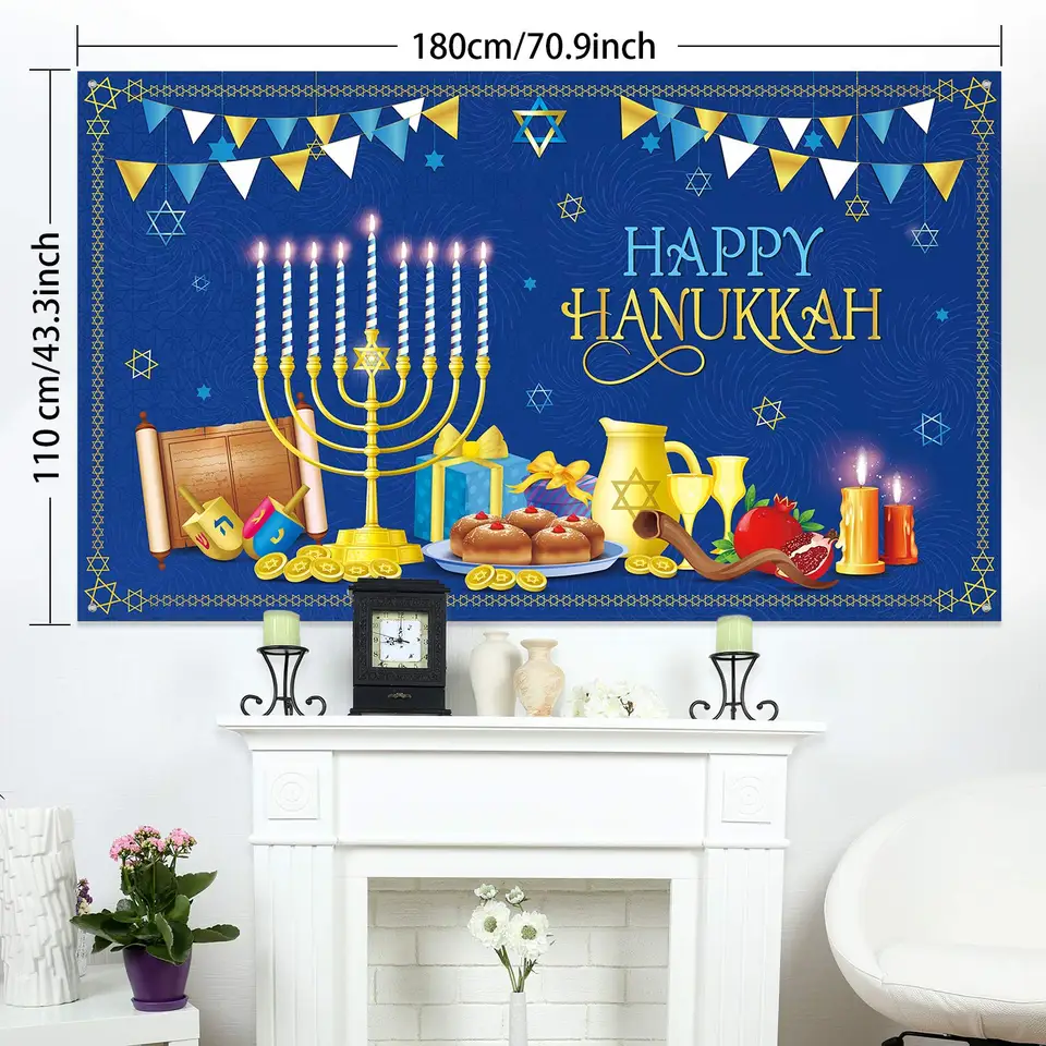 Happy Hanukkah Glitter Banner Set - Silver Blue Decor With Star Of David & Dreidel, 6.1ft Pre-Strung Party Garland - View #7