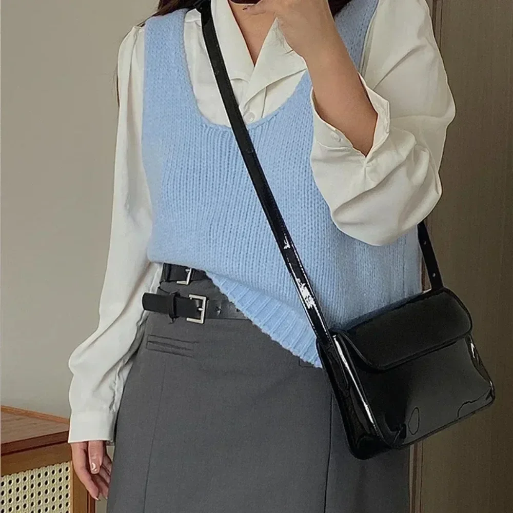 Retro Patent Leather Shoulder Bag for Women - Luxury Flap Crossbody Bag, Solid Color Underarm Purse