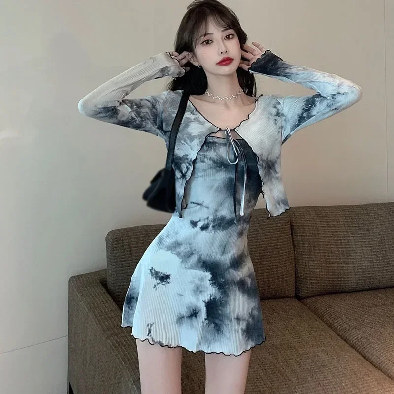 

2024 New Summer Niche Design Sense Tie Dye Strapless Skirt Women Fashion Cardigan Top Two-piece Set Dress