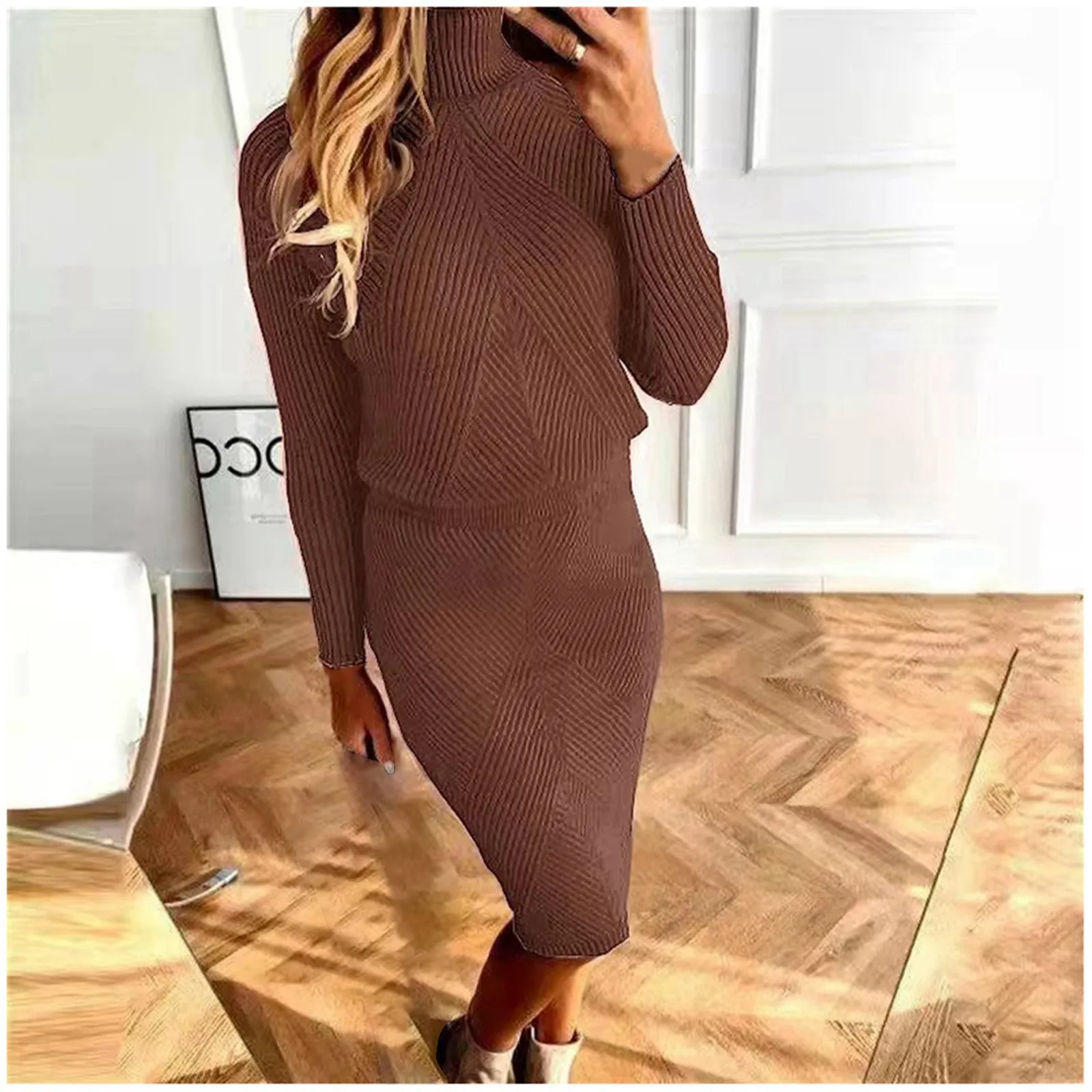 2024 New Autumn Winter Women's tracksuit Solid Color Striped Turtleneck Sweater and Elastic Trousers Suits Knitted Two Piece Set
