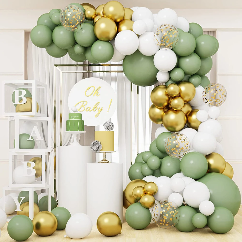 Sage Olive Green Balloons Arch Garland Kit White Metallic Gold Ballon