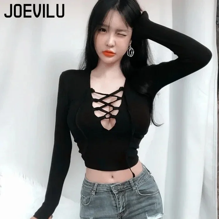 JOEVILU V-neck Strap Tops Women's Hollowe Out Sexy Chest Revealing Crop Top Korean Fashion Long Sleeve T-shirt Goth Cute Lining - Image 4