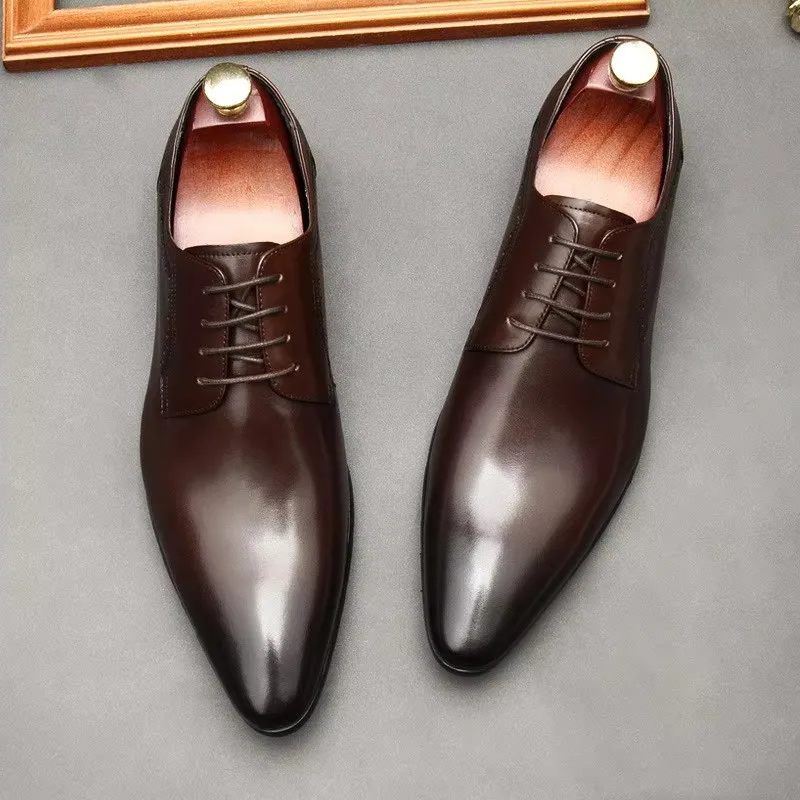Leather shoes for men, lace up shoes for men, pointy, leather, high-end wedding, dress, Oxford, Lefu shoes, large, British style